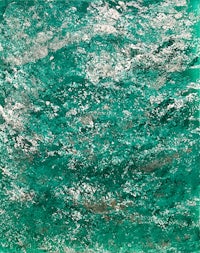 an abstract painting of green and silver water