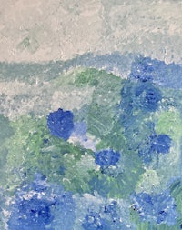 a painting of blue flowers on a blue background