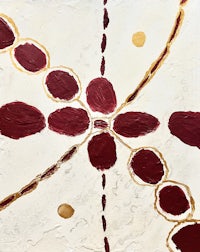 a painting with red and gold dots on a white background